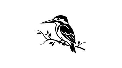 Fototapeta premium Minimalist black and white line art illustration of a kingfisher bird perched on a branch.