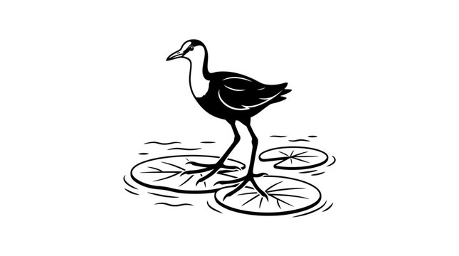 Black and white illustration of a jacana bird standing on lily pads.