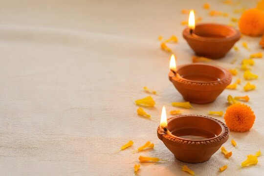 Diwali diya oil lamp on table arranged diagonally on table