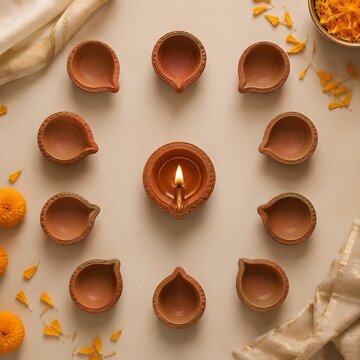 Diwali diya oil lamp on table overhead grid arrangement