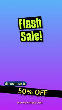 Vertical motion graphic video featuring Flash Sale text, discount up to 50 percent off badge, and website placeholder on a blue purple gradient background. Perfect for social media stories and reels.