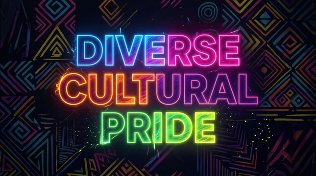 Texto de ne&oacute;n brillante Diverse Cultural Pride sobre fondo con patrones &eacute;tnicos tradicionales, celebraci&oacute;n de diversidad cultural y Mes de la Herencia Hispana.