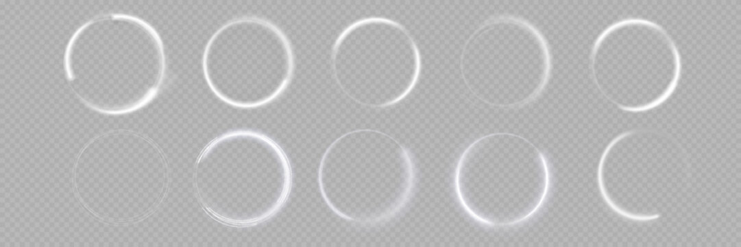 Light white Twirl. Curve white line light effect. Abstract luxury white light vector flare semicircle and spark light effect. Glowing white circle. PNG isolated set