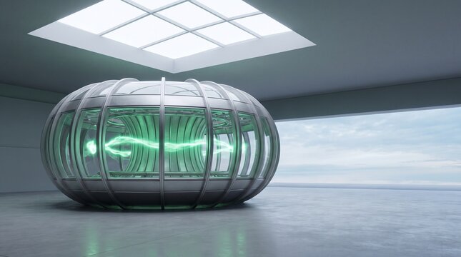 Advanced futuristic nuclear fusion reactor core with glowing green plasma energy stream contained inside a clean modern high-tech laboratory facility.