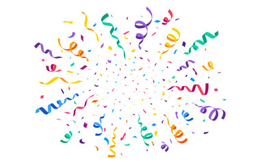 Naklejka premium Carnival and birthday party confetti burst, anniversary and fiesta event background. Cartoon confetti explosion with multicolor curly ribbons. Festive celebration graphic for birthday party invitation