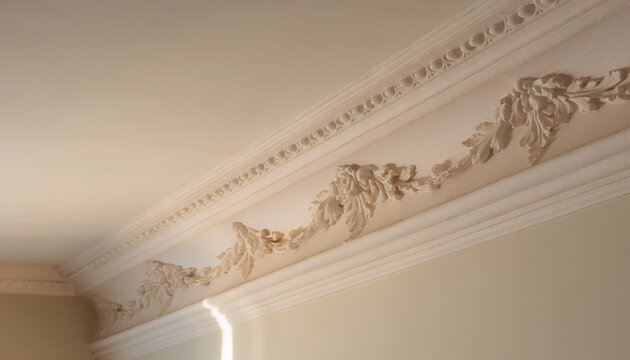 Detailed plaster crown molding with ornate floral carvings on a residential ceiling corner.