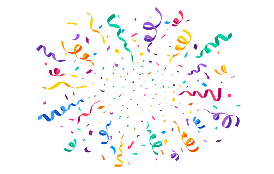 Carnival and birthday party confetti burst, anniversary and fiesta event background. Cartoon confetti explosion with multicolor curly ribbons. Festive celebration graphic for birthday party invitation