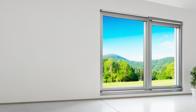 Modern interior room with a large window overlooking a beautiful green landscape and blue sky.