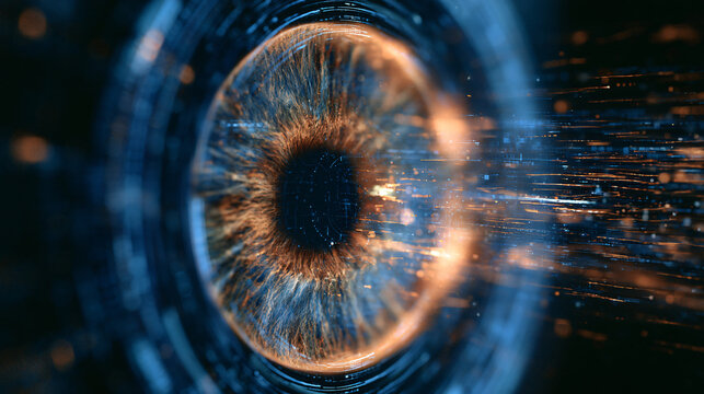 Close-up human eye with futuristic digital iris scan overlay for biometric security and medical diagnostics