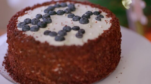 Delicious Red Velvet Cake with Cream Cheese Frosting and Blueberries
