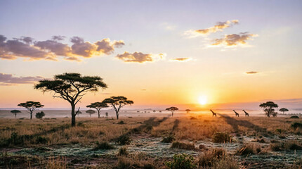 Naklejka premium Breathtaking African savanna sunrise with silhouetted acacia trees and misty morning grassland.