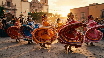 Naklejka premium Bailarinas de ballet folklórico mexicano con vestidos típicos coloridos girando en plaza colonial al atardecer, celebración tradicional y mariachi.
