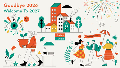 Naklejka premium Happy New Year 2027 Greeting Card with Cityscape, Fireworks, Celebration, and People