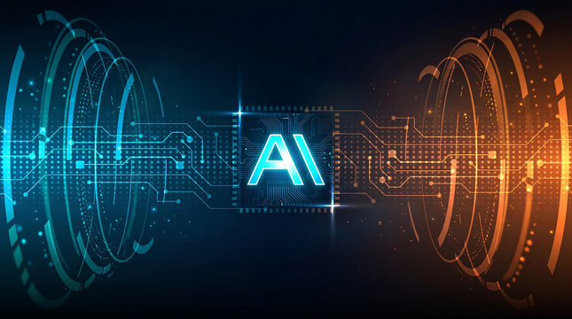 Artificial intelligence processor chip with glowing abstract digital circles and data streams data stream machine learning processor technology abstract