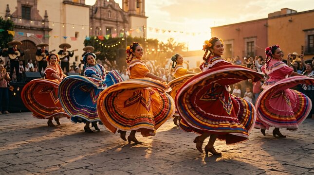 Bailarinas de ballet folkl&oacute;rico mexicano con vestidos t&iacute;picos coloridos girando en plaza colonial al atardecer, celebraci&oacute;n tradicional y mariachi.