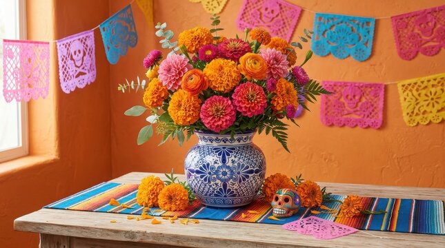 Vibrant Mexican Fiesta Flower Arrangement ,Hispanic Heritage Celebration Month, Latino Ctivalultural Festival, Cinco de Mayo, D&iacute;a de los Muertos, Carnaval, Inti Raymi