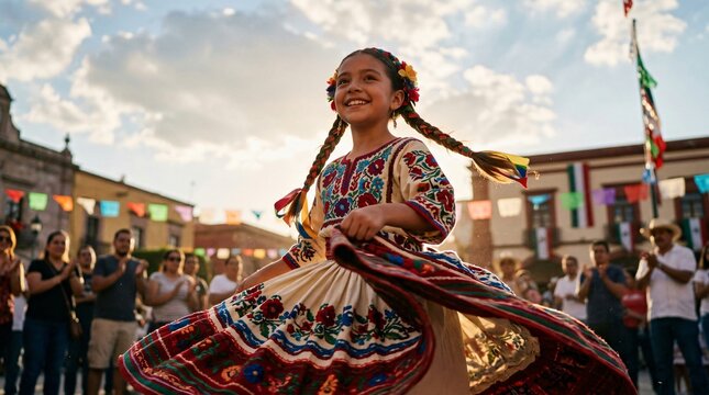 Ni&ntilde;a bailando danza folcl&oacute;rica tradicional con vestido bordado en festival cultural, celebraci&oacute;n del Mes de la Herencia Hispana.