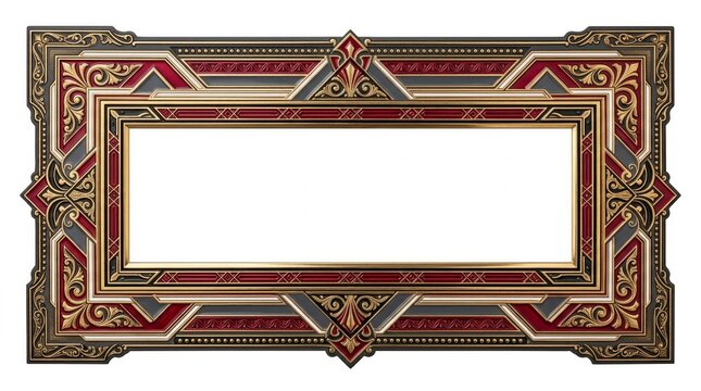 Ornate Rectangular Gold And Crimson Decorative Frame Border On White Background