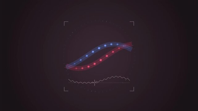 Abstract animated blood flow mapped by doppler drawn as coral and magenta lines and shapes on a deep dark background. Seamless looping 4K motion graphics video with free space for text, ideal for heal