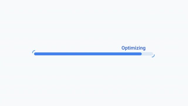 Minimal blue progress bar animation with an optimizing status indicator on a clean light background, representing loading, processing, updating, and system optimization.