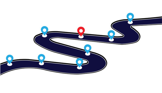 Curved road path with multiple location pins highlighting one key red marker for business strategy and destination focus
