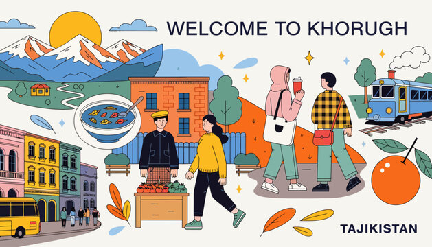 Welcome to Khorugh, Tajikistan travel illustration