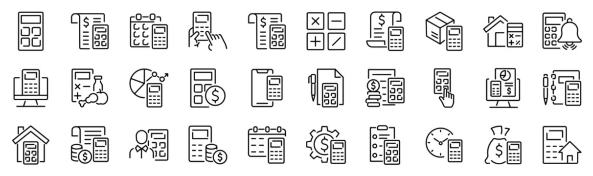 Set of 30 outline icons related to calculator. Linear icon collection. Editable stroke. Vector illustration