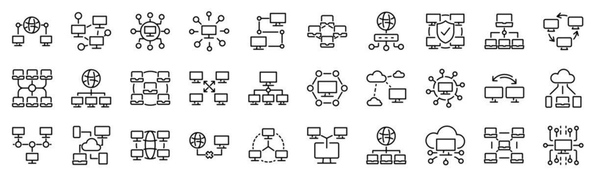 Set of 30 outline icons related to network. Linear icon collection. Editable stroke. Vector illustration
