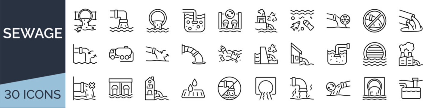 Set of 30 outline icons related to sewage. Linear icon collection. Editable stroke. Vector illustration