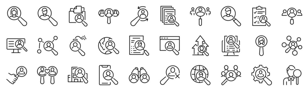 Set of 30 outline icons related to search people. Linear icon collection. Editable stroke. Vector illustration