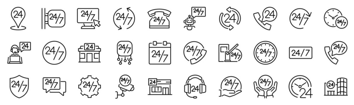 Set of 30 outline icons related to working hours. Linear icon collection. Editable stroke. Vector illustration
