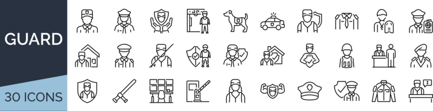 Set of 30 outline icons related to guard. Linear icon collection. Editable stroke. Vector illustration