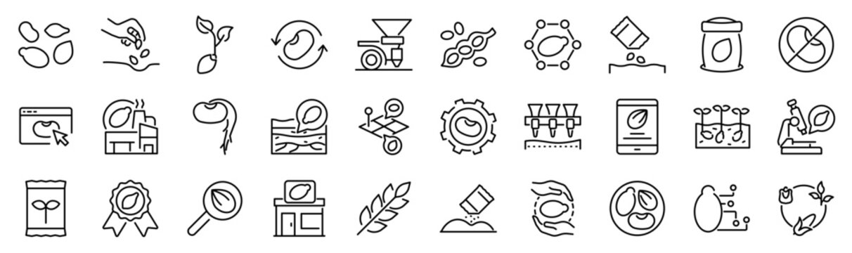 Set of 30 outline icons related to seed. Linear icon collection. Editable stroke. Vector illustration