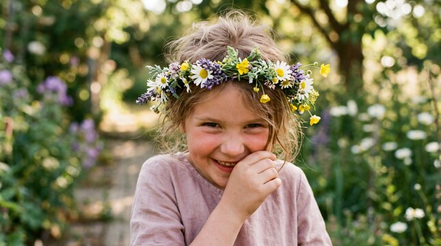 Ni&ntilde;a sonriente con corona de flores silvestres en el jard&iacute;n, retrato infantil lleno de alegr&iacute;a y naturaleza en primavera.