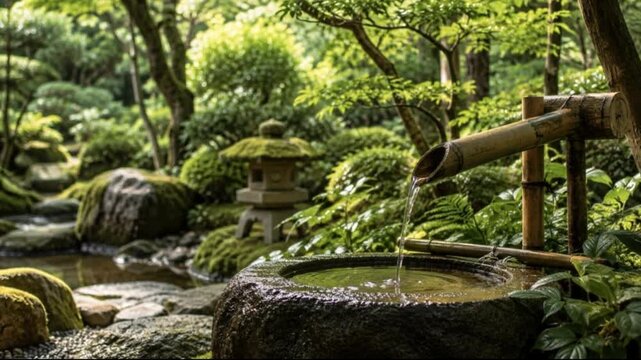 Traditional Japanese Tsukubai Stone Water Basin with Flowing Bamboo Fountain in Zen Garden Nature Background