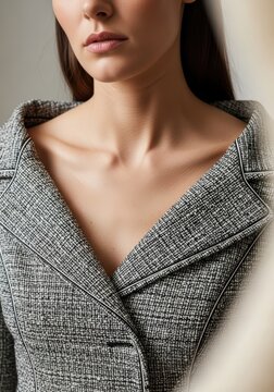Close up of a stylish woman wearing a grey textured blazer with a sharp collar neckline
