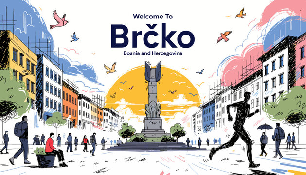 Welcome to Brcko, Bosnia and Herzegovina: Vibrant Cityscape with Monument and People
