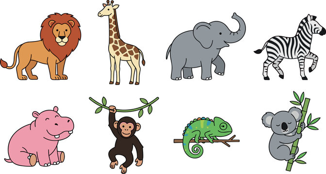 Set of cute safari and jungle animal vector cartoon characters featuring lion giraffe elephant zebra hippo monkey chameleon and koala isolated on white background