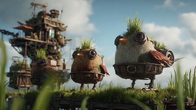Whimsical steampunk birds with grass on heads standing in a fantasy landscape with intricate structures perfect for creative projects and storytelling
