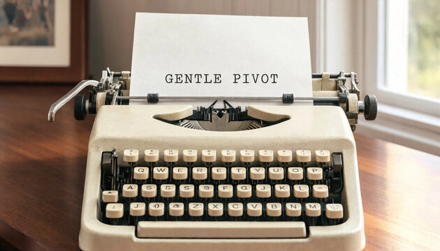 Vintage typewriter with paper displaying gentle pivot text on wooden desk near window