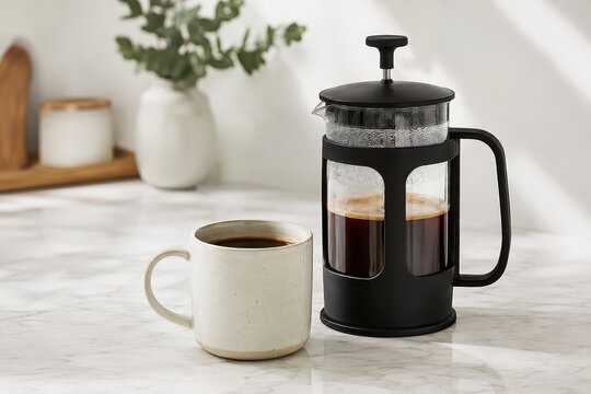 French press coffee maker with a cup of hot coffee on a kitchen counter