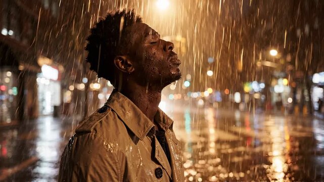 Serene African American man standing in heavy rain on an urban city street at night experiencing deep emotion under warm golden lights