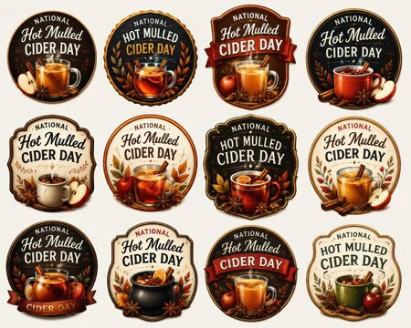 A collection of circular badges celebrating National Hot Mulled Cider Day, each featuring warm illustrations of the beverage