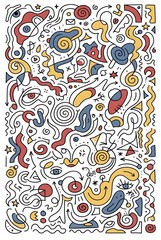 Naklejka premium Abstract Hand-Drawn Doodle Composition A Whimsical Collection of Swirls, Shapes, and Eyes in a Vibrant Palette