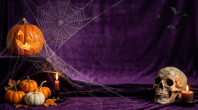Halloween background with carved pumpkin jack o lantern cobweb skull and candles on deep purple velvet fabric surface ideal for seasonal spooky creative digital invitation.