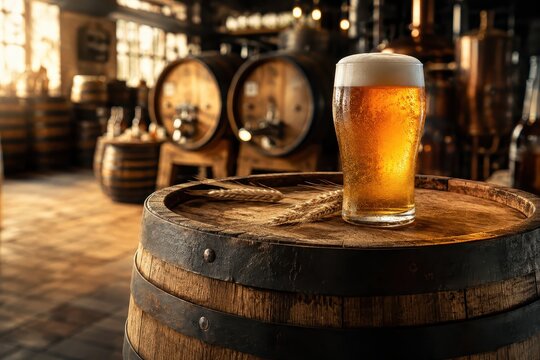 Craft beer in a glass resting on a wooden barrel in a brewery