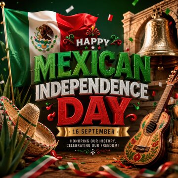 Mexican Independence Day celebration with Mexican flag, sombrero, guitar, and bell