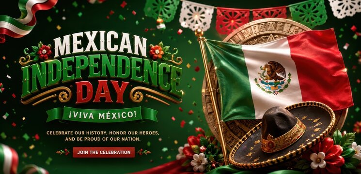 Mexican Independence Day celebration with flag and sombrero