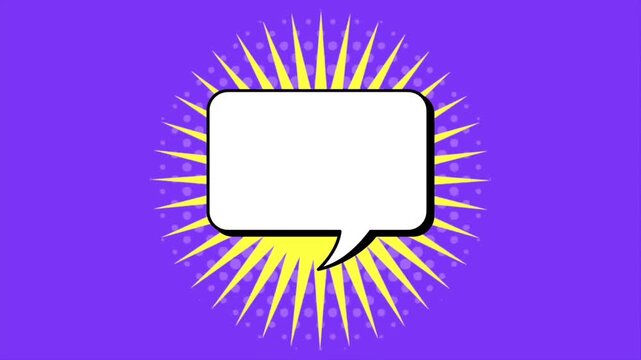 Comic book style speech bubble popping up on purple halftone background design