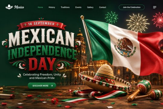 Mexican Independence Day celebration with flag, fireworks, and traditional elements